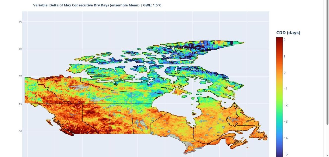 Canada Climate Viewer map of the projected change in maximum consecutive dry days across Canada at 1.5 degrees of warming