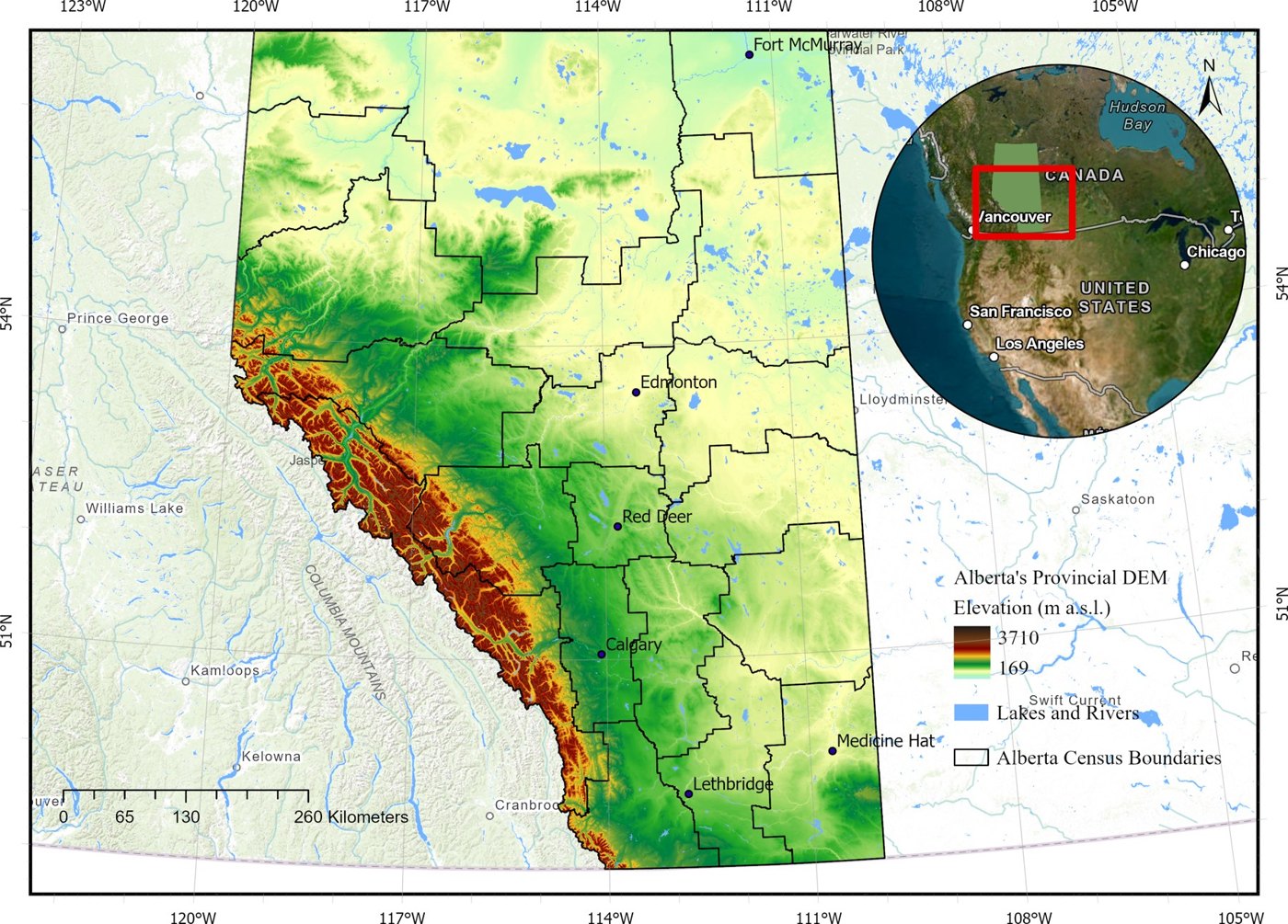 Elevation map of Alberta, the core of Canada's hail alley, with Calgary, Red Deer and Edmonton