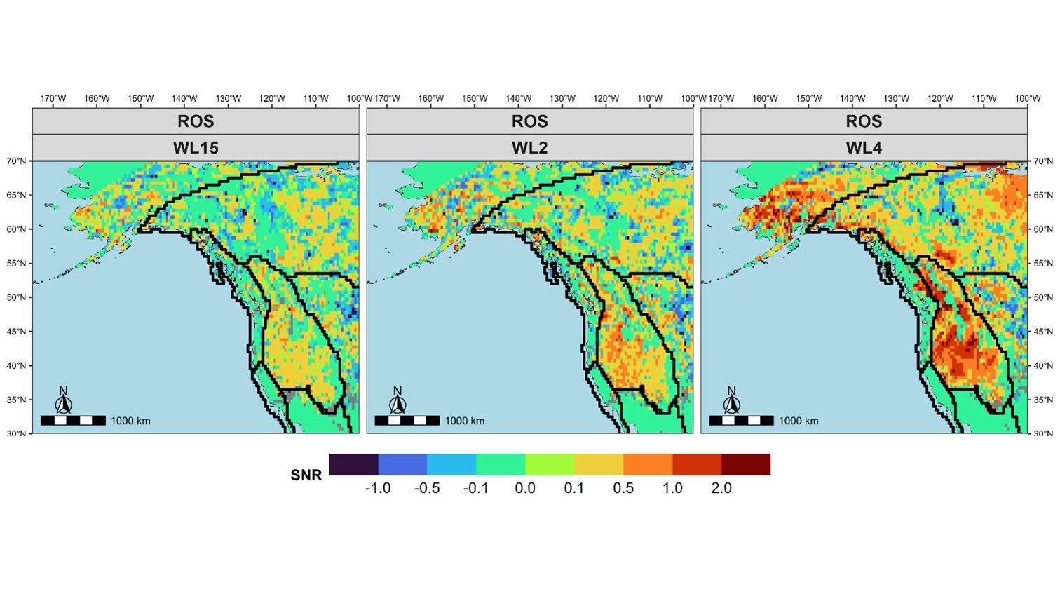 Maps of the signal to noise ratio of change in rain on snow compound floods across western North America at 1.5, 2 and 4 degrees of warming