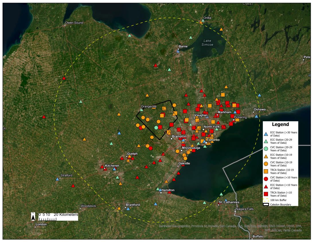 Map of rain gauges and radar coverage around Caledon, Ontario