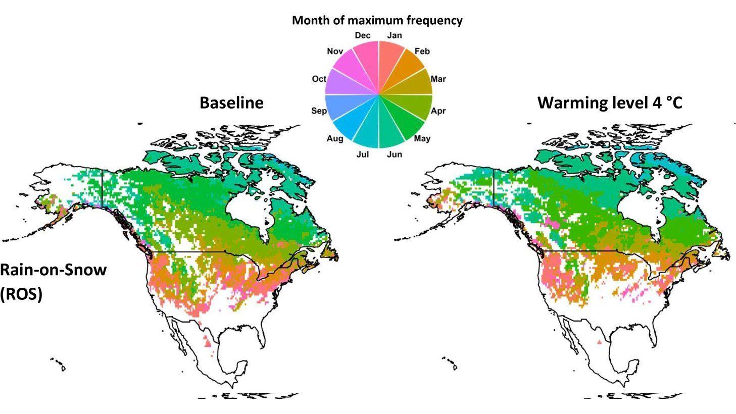 Maps of the month when rain on snow floods are most frequent across North America, now and at 4 degrees of warming
