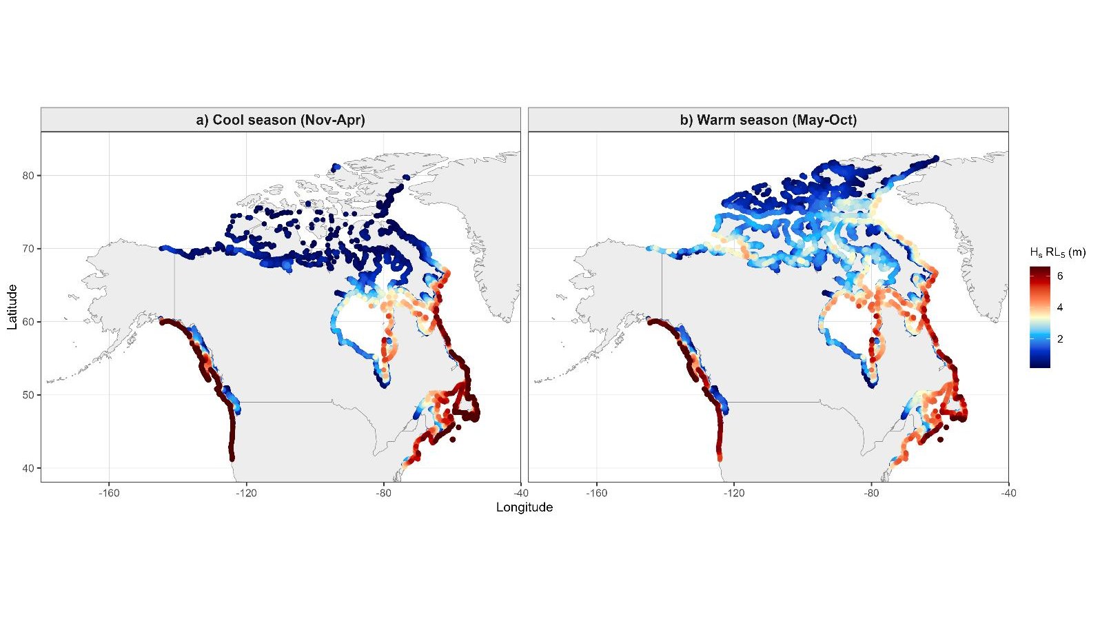 Maps of the 5-year return level of significant wave height along Canada's Pacific, Arctic and Atlantic coasts in the cool and warm seasons