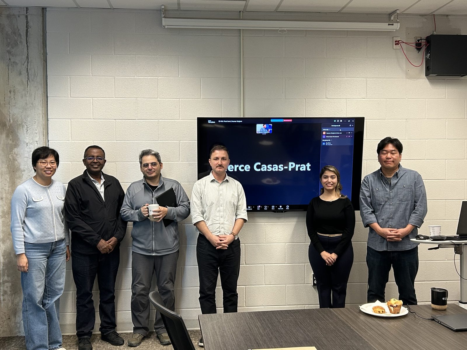 Lab members with Yasaman Taleghani and co-supervisor Mercè Casas-Prat, on screen, after Yasaman's MESc defence