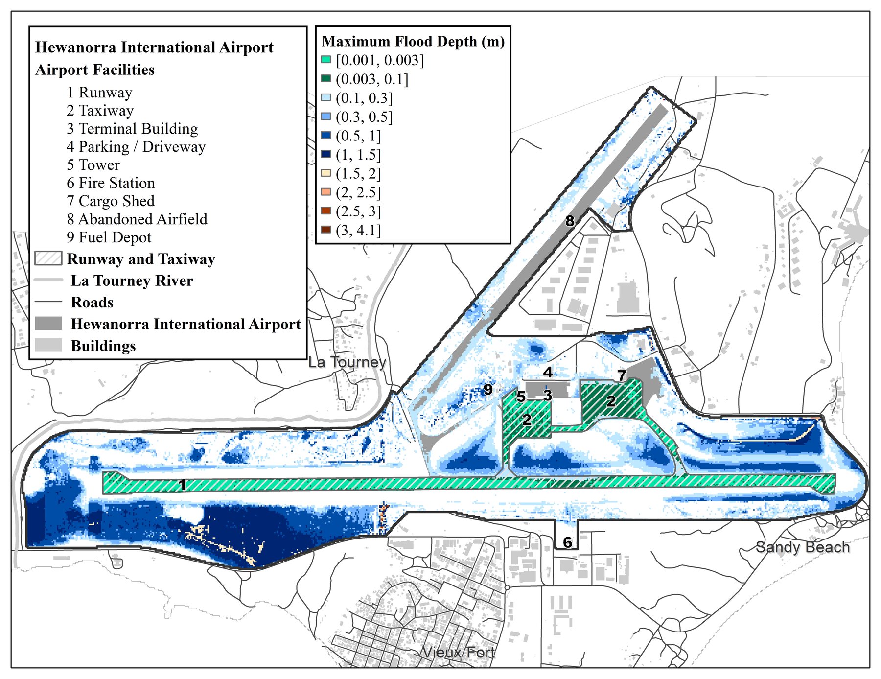 Simulated maximum flood depth across Hewanorra International Airport, Saint Lucia, during Tropical Storm Matthew