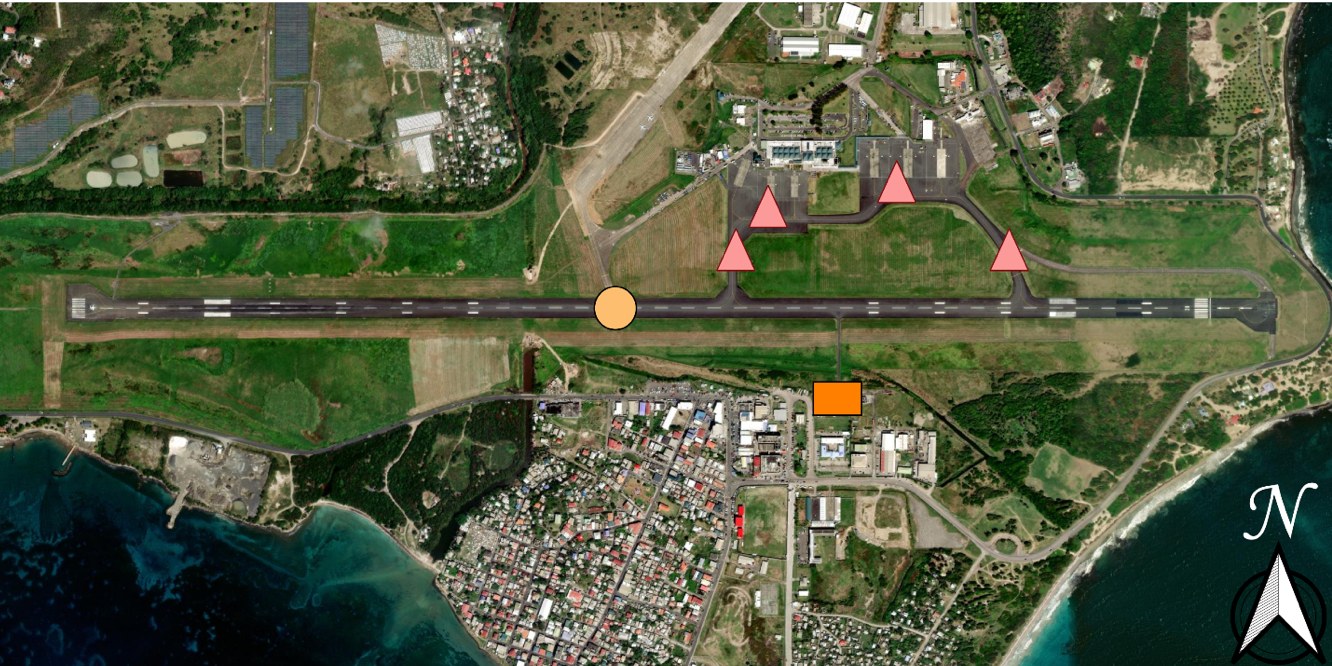 Satellite view of Hewanorra International Airport, Saint Lucia, marking the flooded runway, taxiways, apron and fire and rescue building