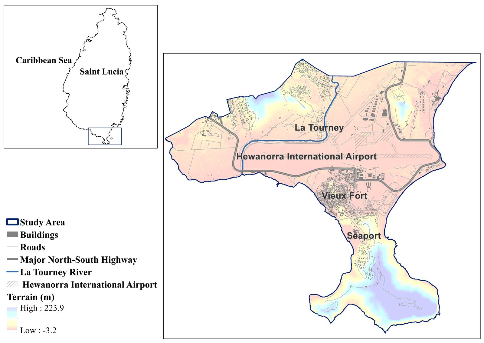 Map of southern Saint Lucia showing the study area, terrain, La Tourney River, Hewanorra International Airport, Vieux Fort and the seaport